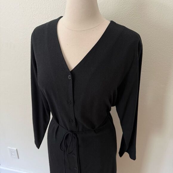 Ozma Mal Pais Duster Dress Size Large Black Raw Silk Cupro Button Front Belted - Picture 4 of 14